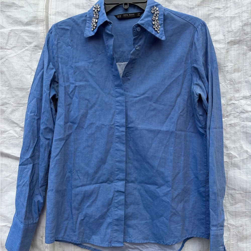 Zara Blue Embellished Collar dress Shirt